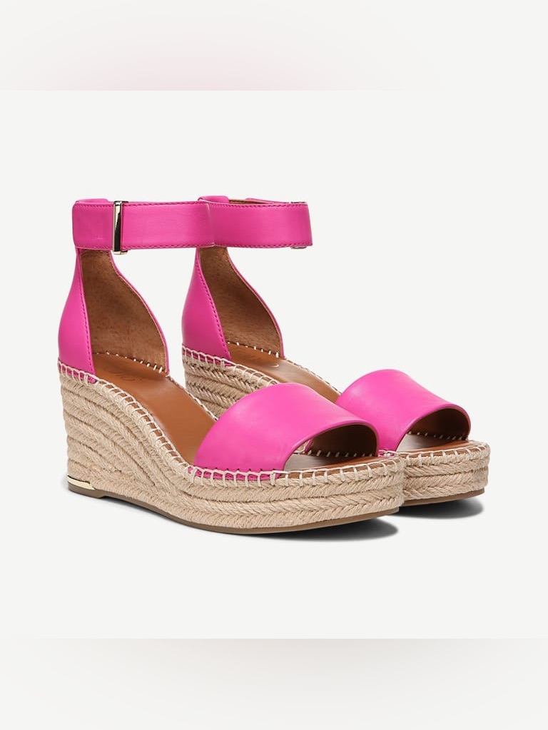 Franco Sarto Clemens Raffia Espadrille Wedge Sandal Pink Leather Size 8.5 With